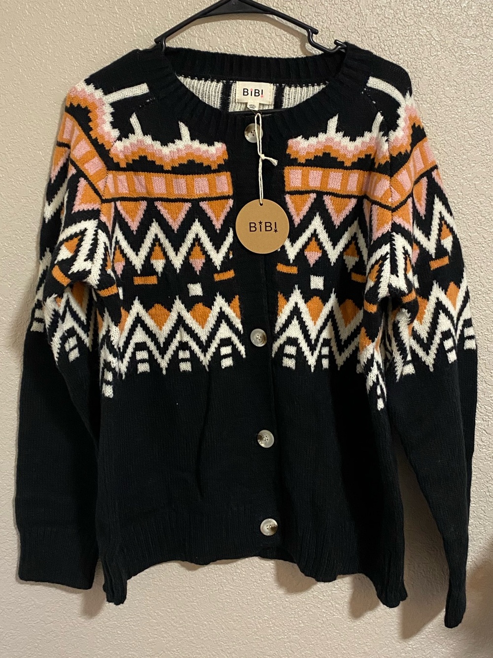 BiBi Black Cardigan with Peach and White Fair Isle Pattern